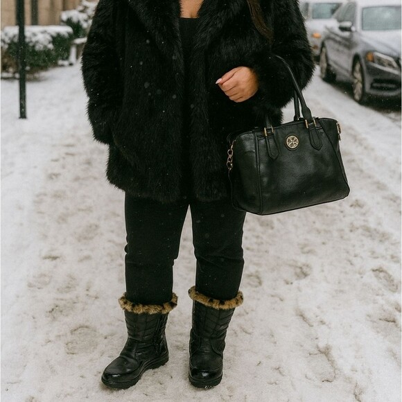 Weatherproof Quilted Black Boots Faux Fur Animal Print 10 Rain Snow Boot Winter - Picture 1 of 9